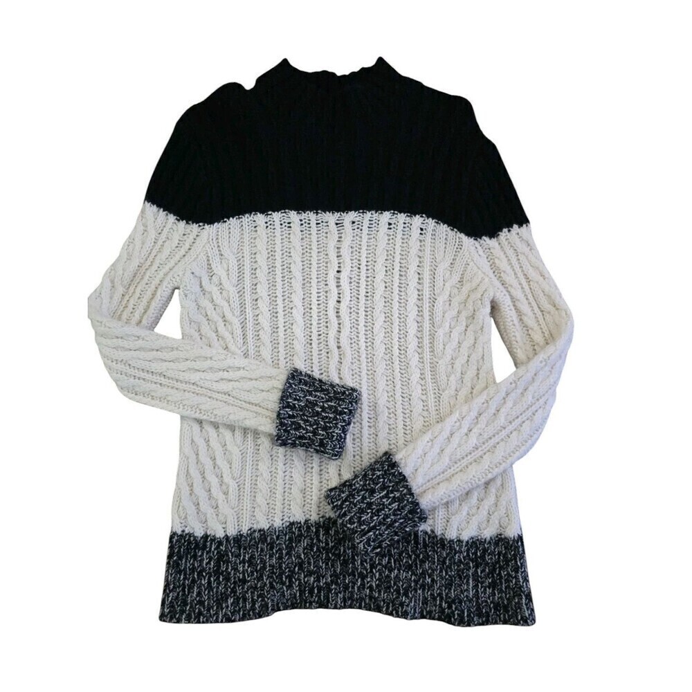 AQUA Cashmere Black Cream Colorblock Cable Knit Turtleneck Sweater Medium - Picture 9 of 10
